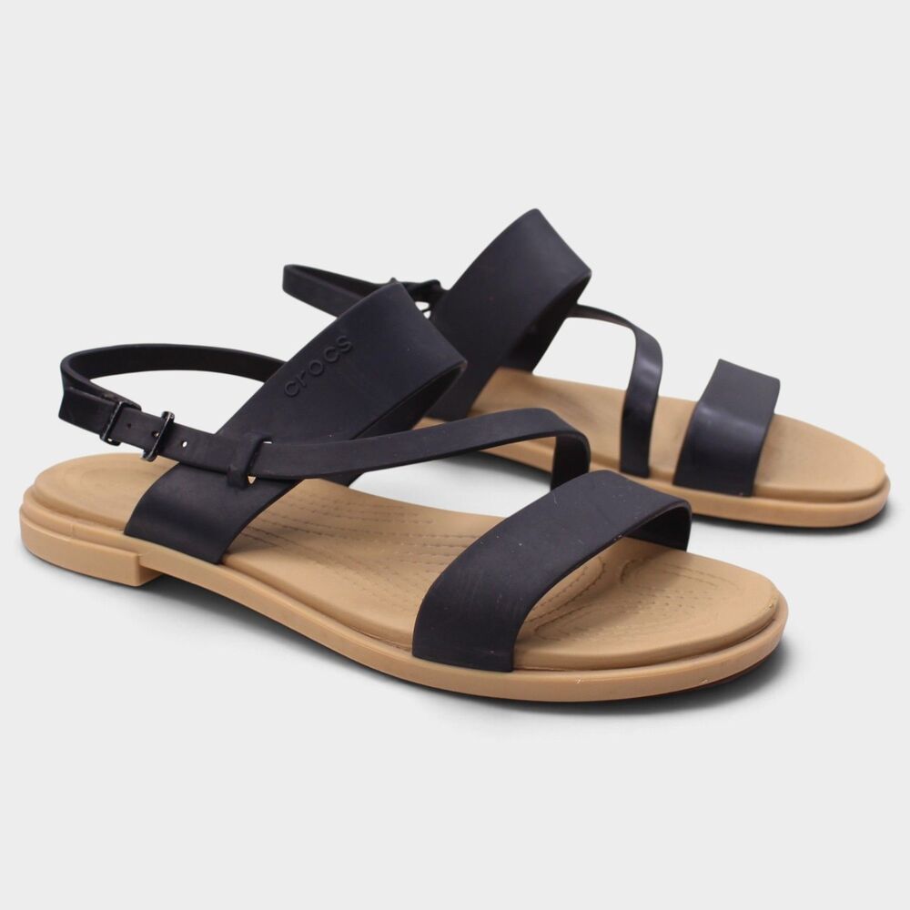 Crocs Tulum Sandals Womens 7 Black Tan Strappy Ankle Buckle Comfort